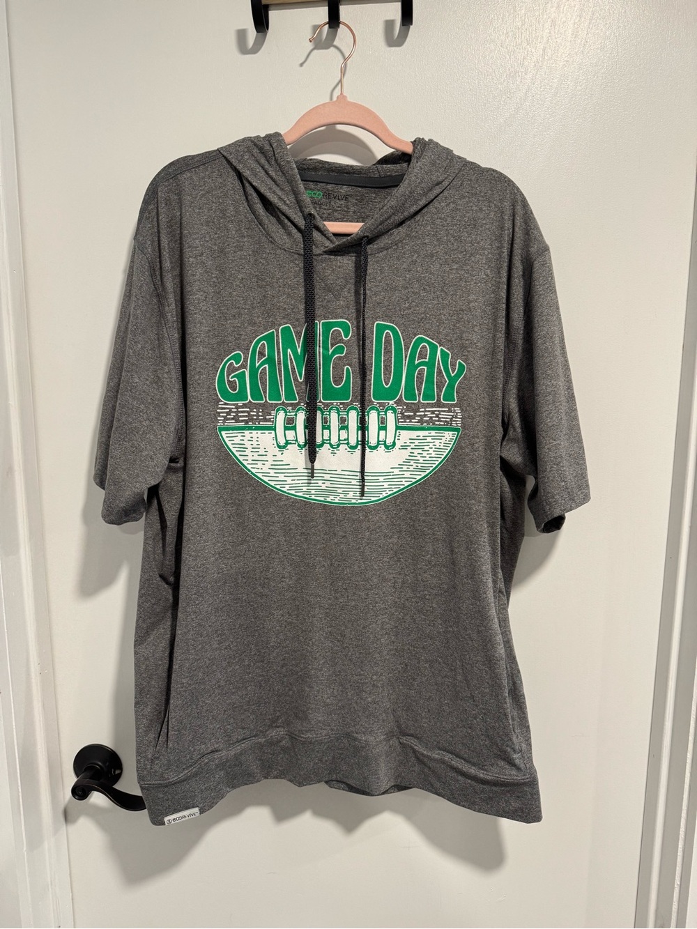 Gray 'Game Day' Short-Sleeve Hooded Pullover with Green Graphic